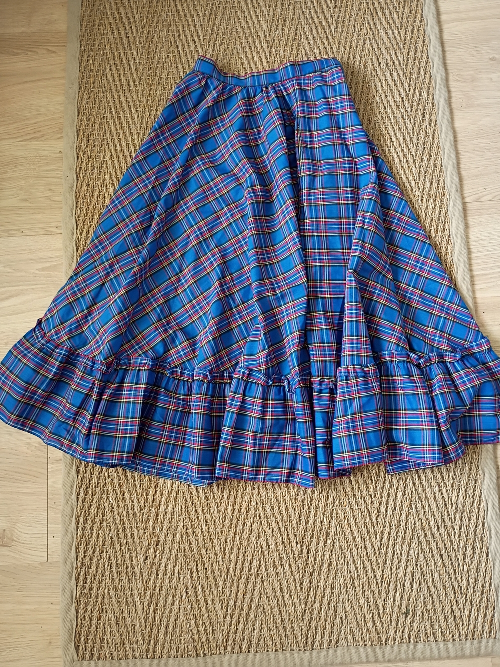 Vintage Western Style Blue Plaid Maxi Skirt with Ruffle Hem